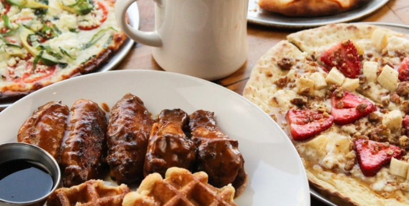 Wings and waffles and strawberry hazelnut pizza